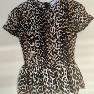 GANNI leopard-print smocked peplum cotton and silk-blend